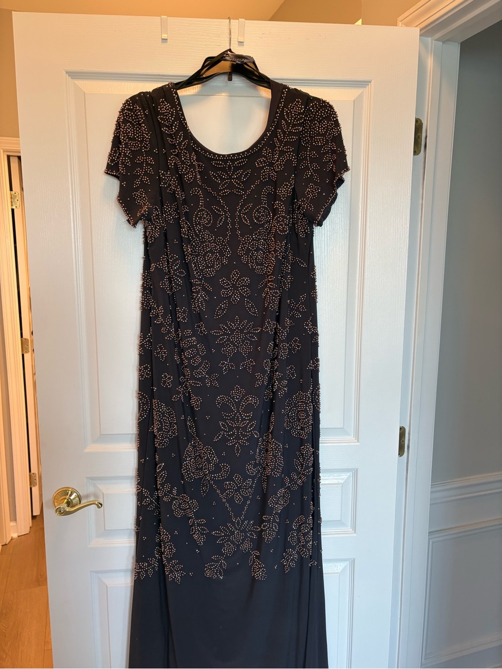 Betsy & Adam Black Maxi Dress with Copper Embellished Floral Pattern